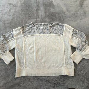 Elegant Lace Panel Sweater - Cream and Gray